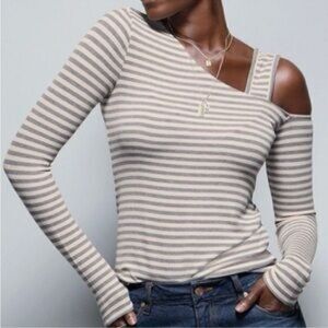 CAbi Dare Tee Gray and Cream Striped Top #4568 XL